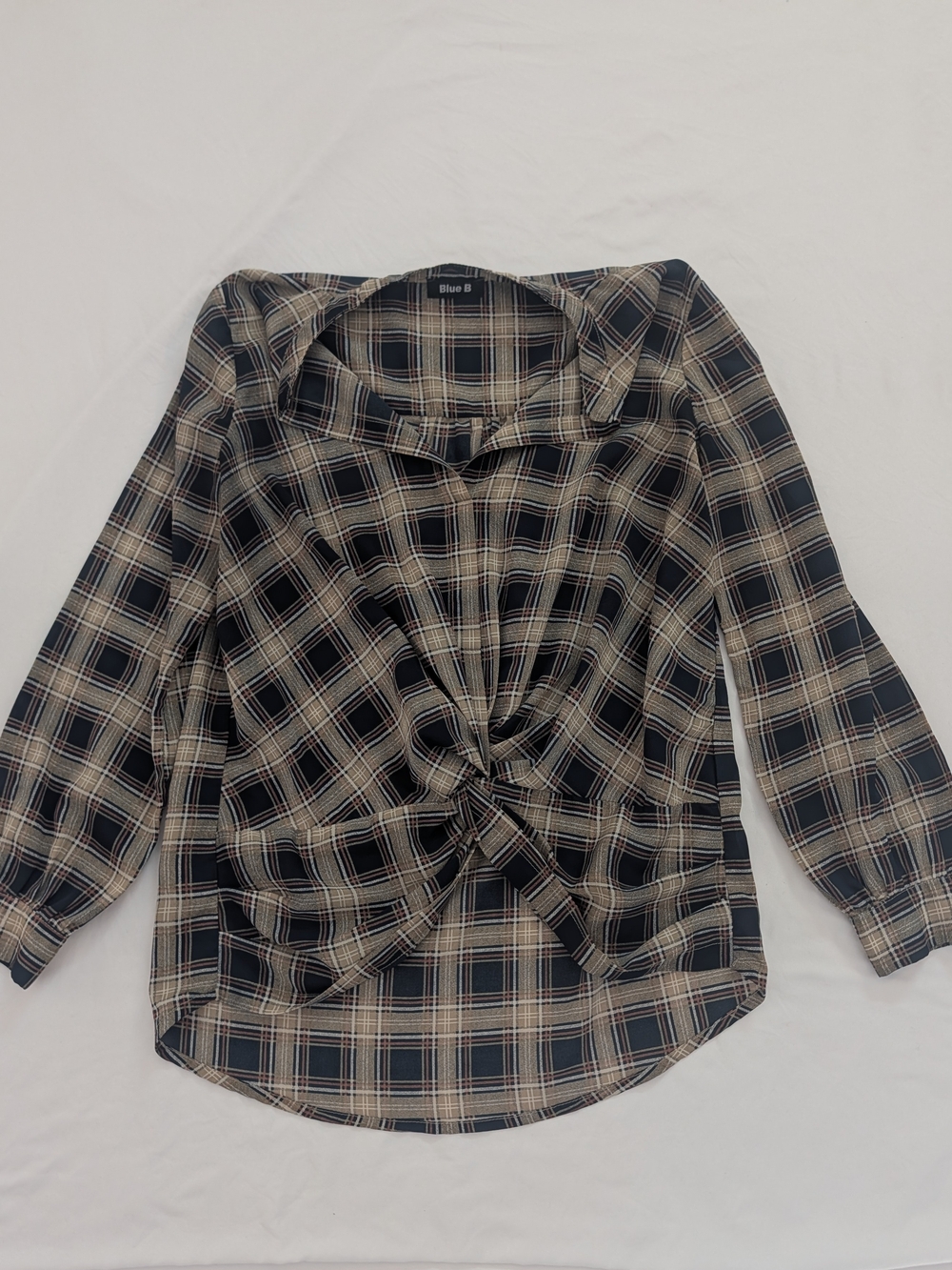Blue B Plaid Twist Knot Front Black and Cream Plaid Twist-Front Top